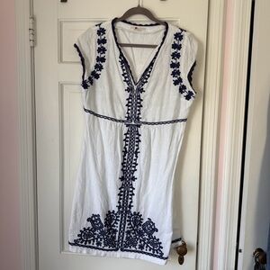 Boden White Linen Shift Dress With Blue Embroidery Trim Size 10 R